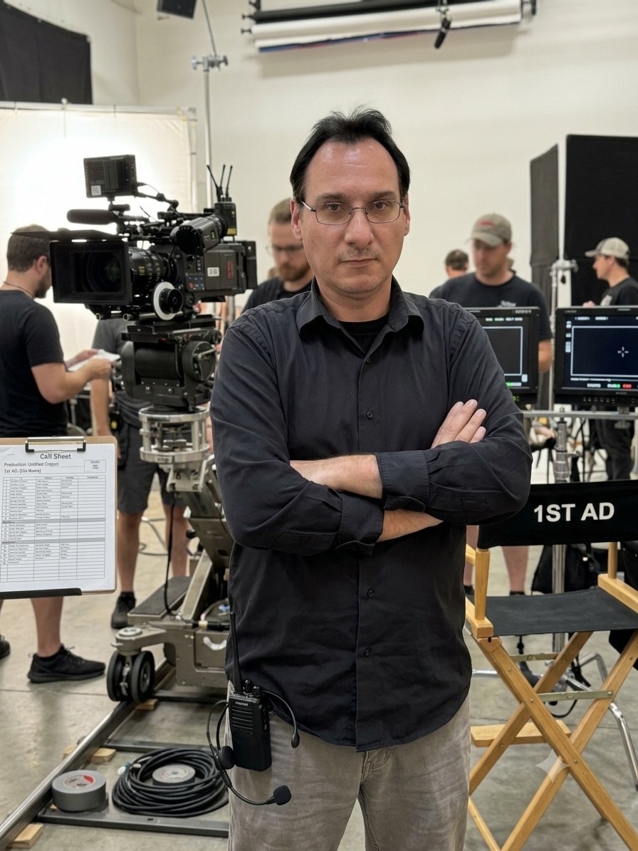 C.J. Guerrero beside a cinema camera and First AD chair