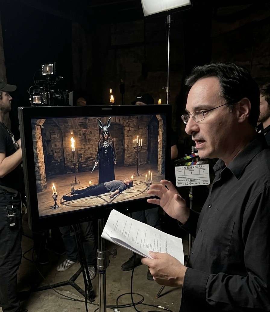 C.J. Guerrero reviewing script pages beside a production monitor